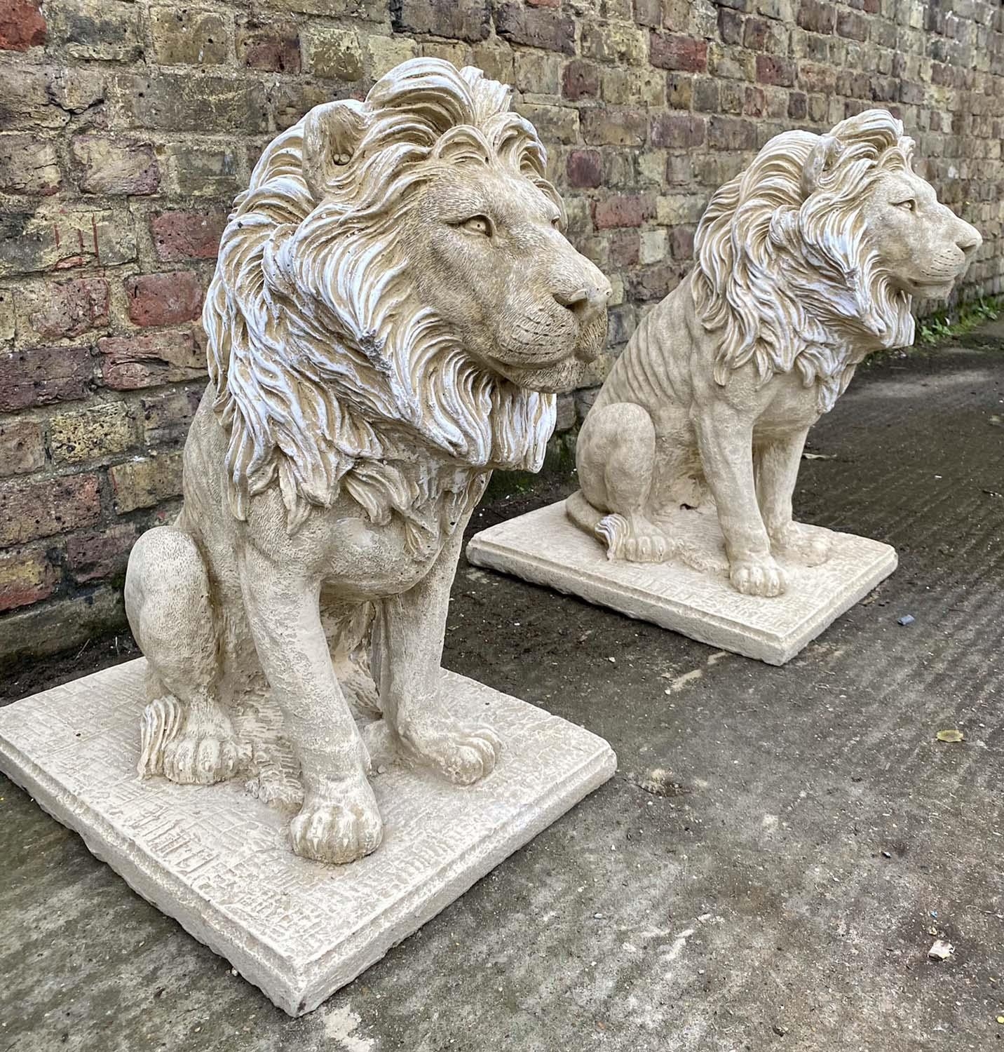 SCULPTURAL LIONS, a pair, 70cm H, composite stone. (2) - Image 4 of 5