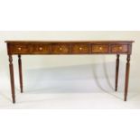 HALL TABLE, George III design burr walnut crossbanded with six short drawers, 148cm x 41cm x 75cm H.