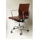 REVOLVING DESK CHAIR, Charles and Ray Eames style ribbed tan leather revolving and reclining on an