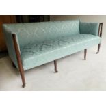 SOFA, Regency mahogany with blue silk upholstery and downswept reeded supports, 198cm W.