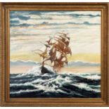 JOHN MACKAY 'Galleon in High Waters', 1979, oil on canvas, signed and dated lower left, 90cm x 90cm,