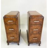 ART DECO BEDSIDE CHESTS, a pair, figured walnut each with three drawers, 30cm x 73cm x 55cm. (2)