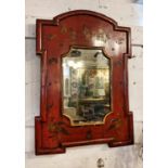 WALL MIRROR, 48cm x 68cm H, Chinese red lacquer with figural detail and an early 20th century walnut