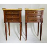 BEDSIDE CHESTS, a pair, French Louis XVI style mahogany and brass bound with galleried marble tops