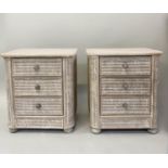 BEDSIDE CHESTS, a pair, wicker panelled each with three drawers, 64cm x 45cm x 70cm H. (2)