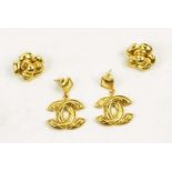 CHANEL EARRINGS, two pairs, both gone tone, one pair in the form of a intertwined ?C? logo,