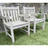 GARDEN ARMCHAIRS, a pair by Jo Alexander, silvery weathered teak and slatted, 60cm W. (2)