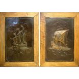 WALL PANELS, a pair, 98cm x 70cm, Arts & Crafts copper, one of a Viking ship, the other of a