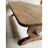 REFECTORY TABLE, vintage planked oak on shaped trestles with stretcher, 281cm W x 83cm D x 73cm H.