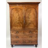 LINEN PRESS, Victorian flame mahogany, arched panelled with five trays and four drawers, 198cm H x