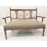 HALL SEAT, Edwardian fruitwood with pierced splat back and brass studded linen upholstery, 122cm W.