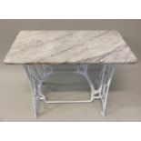 CONSERVATORY TABLE, Victorian Carrara marble on associated cast iron twin pierced trestle