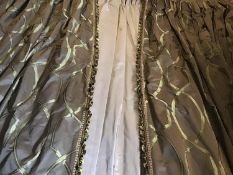 CURTAINS, a pair, coffee silk sateen, lined and interlined with 'Buckham' headed pleats with