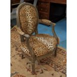 CHILD'S FAUTEUIL, 53cm x 78cm H, Louis XVI and later grey painted leopard print upholstery.