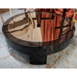 LOW TABLE, 120cm diam. x 37cm H, the circular mirrored top on a high glass base.