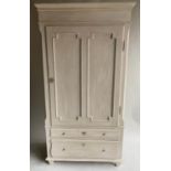 ARMOIRE, 19th century French grey painted with panelled door, hanging space above two shaped