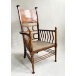 ATTRIBUTED TO LIBERTY ARMCHAIR, early 20th century Art Nouveau shaped with penwork panel, 62cm W.