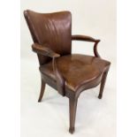 LIBRARY/DESK CHAIR, George III style mahogany with brass studded natural tan leather upholstery,