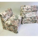 BANQUETTES, two with Chinese style upholstery larger, 98cm, smaller 68cm. (2)