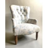 ARMCHAIR, Victorian style smoke blue foliate printed with turned feet, 62cm W.