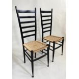 GIO PONTI STYLE SIDE CHAIRS, a pair, black lacquered with rush corded seats, 112cm H x 42cm. (2)