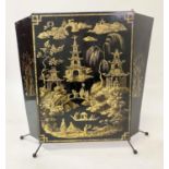 FIRESCREEN, 1960s two fold gilt Chinoiserie Japanned tole with wire and ball feet, 76cm W x 65cm H.