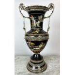 TOLEWARE URN, hand-painted with ancient Greek konography, 66cm x 35cm.
