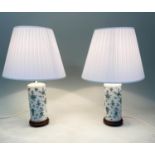 TABLE LAMPS, a pair, Chinese ceramic jade green foliate and gilded cylindrical with carved wood