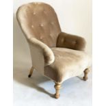 ARMCHAIR, Victorian fruitwood with mushroom velvet button upholstery and turned front supports, 72cm