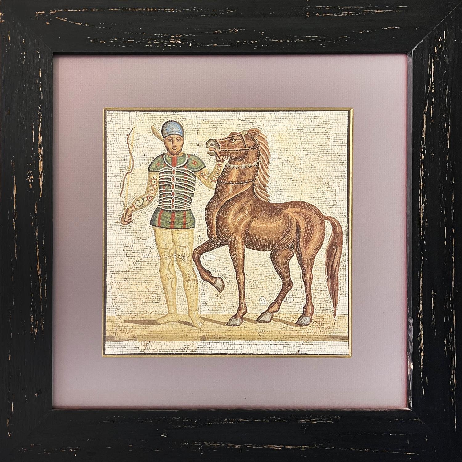 ROMAN MOSAIC LITHOGRAPHS, a set of four, depiciting charioteers, 53.5cm x 53.5cm, framed and glazed. - Image 2 of 5