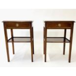 LAMP TABLES, a pair, George III design mahogany and satinwood crosbanded and inset each with