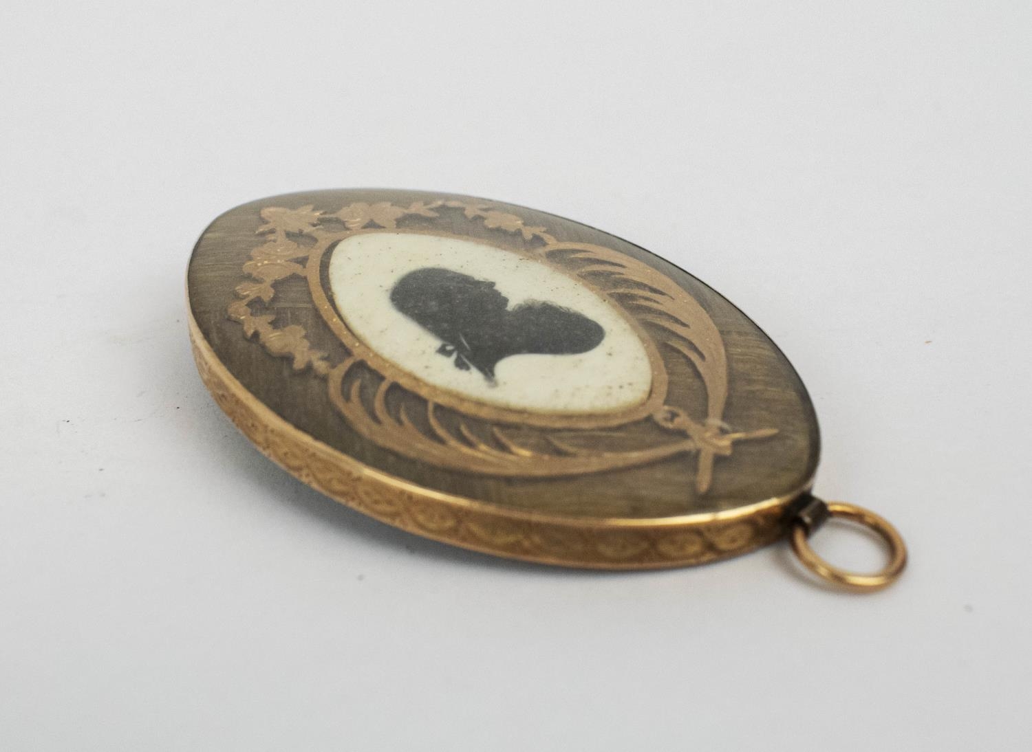 MOURNING BROOCH, 19th Century, yellow metal case and a bone silhouette plaque of a gentleman, - Image 4 of 11