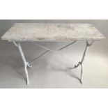 CONSERVATORY TABLE, weathered carrara marble on twin cast iron trestle supports with stretcher, 91cm