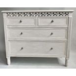 CHEST, French style grey painted with pierced frieze and four drawers, 90cm x 76cm H x 36cm.