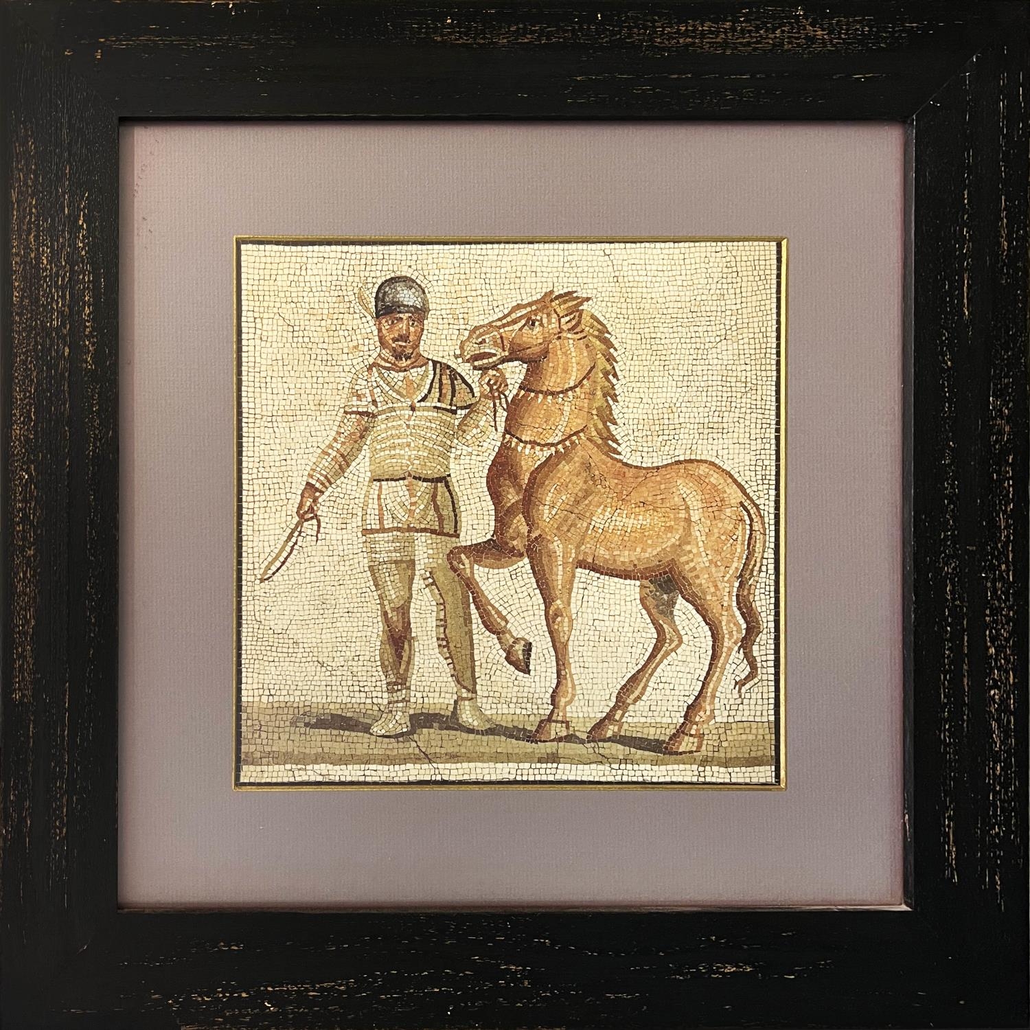 ROMAN MOSAIC LITHOGRAPHS, a set of four, depiciting charioteers, 53.5cm x 53.5cm, framed and glazed. - Image 3 of 5