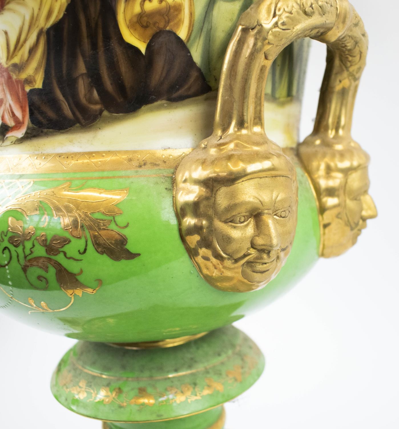 CERAMIC URN, Continental porcelain, two handles form, hand painted and gilded, depicting classical - Image 4 of 7