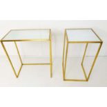 SIDE TABLES, a set of two of differing sizes, gilt metal with inset mirrored glass tops. (2)