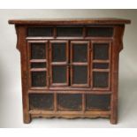 CHINESE CABINET, 19th century, scarlet lacquered, with lattice front and two panelled doors, 97cm