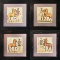 ROMAN MOSAIC LITHOGRAPHS, a set of four, depiciting charioteers, 53.5cm x 53.5cm, framed and glazed.