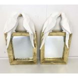 LOVE BIRD WALL MIRRORS, a pair, gilt metal frames with love birds, 60x32x9. (2)