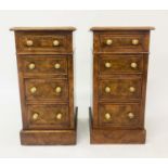 BEDSIDE CHESTS, a pair, George III design burr walnut and crossbanded, each with four drawers,