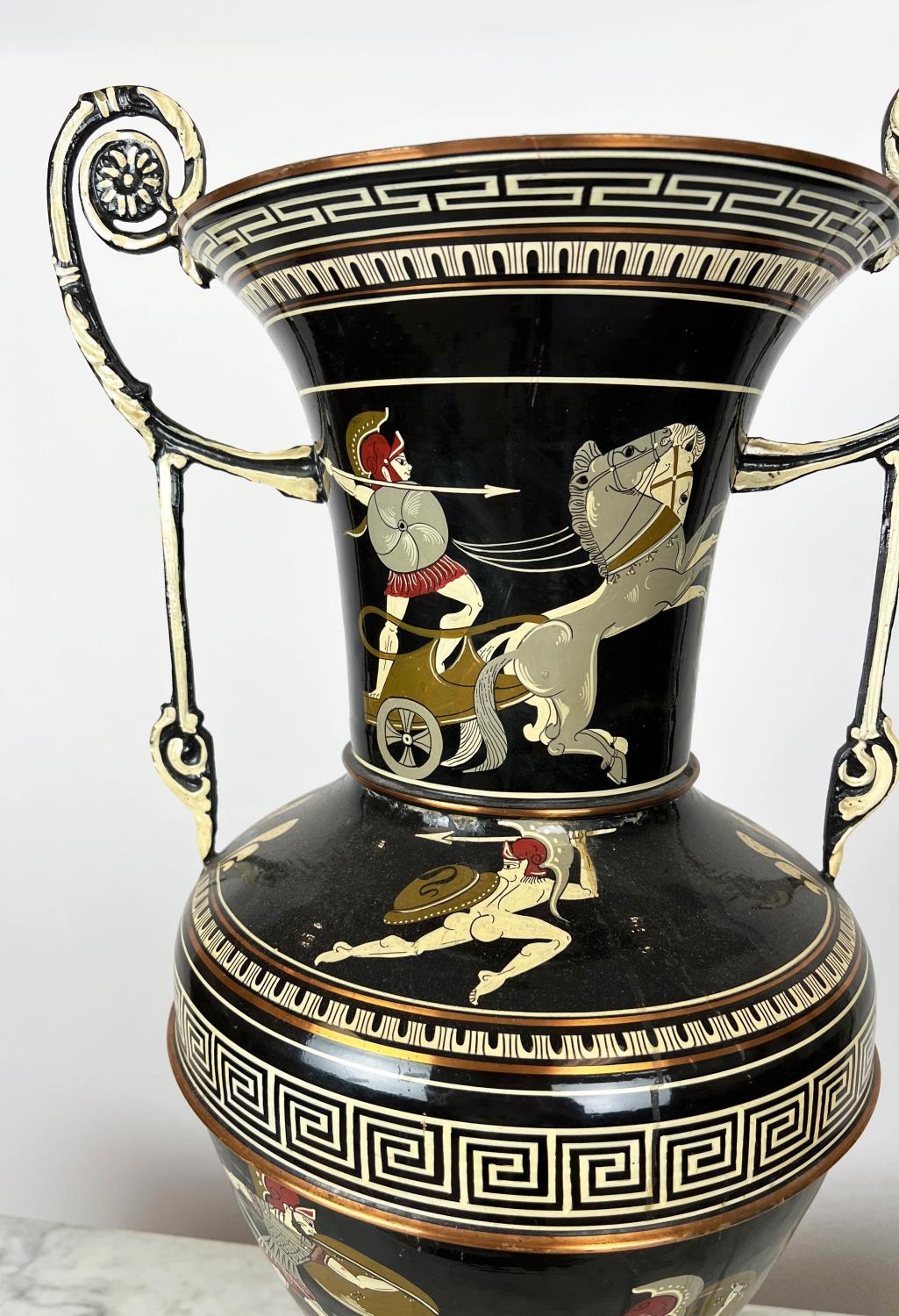 TOLEWARE URN, hand-painted with ancient Greek konography, 66cm x 35cm. - Image 4 of 5