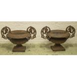 GARDEN URNS, 30cm H x 43cm x 32cm, a pair, Victorian style cast iron. (2)