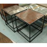 SIDE TABLES, two with differing tops, black metal frames, 46.5cm x 46.5cm x 51.5cm. (2)
