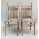 SIDE CHAIRS, a pair 19th century oak with American spindle back and studded linen upholstery. (2)