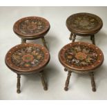 INDO-PERSIAN STOOLS, four, 30cm diam. x 30cm H, incised brass and coloured, with pierced