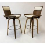 BAR STOOLS, a pair, 1970's Kardomah style laminated plywood revolving with chrome footrests, 100cm H