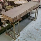 CONSOLE TABLE, 140cm x 40cm x 75cm, with cowrie shell detail.