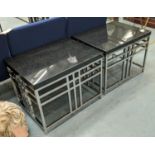 SIDE TABLES, a pair, 66cm x 51cm x 51cm, black stone tops, polished metal bases.