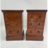 BEDSIDE CHESTS, a pair Victorian mahogany, adapted, each with three drawers, 37cm W x 35cm D x